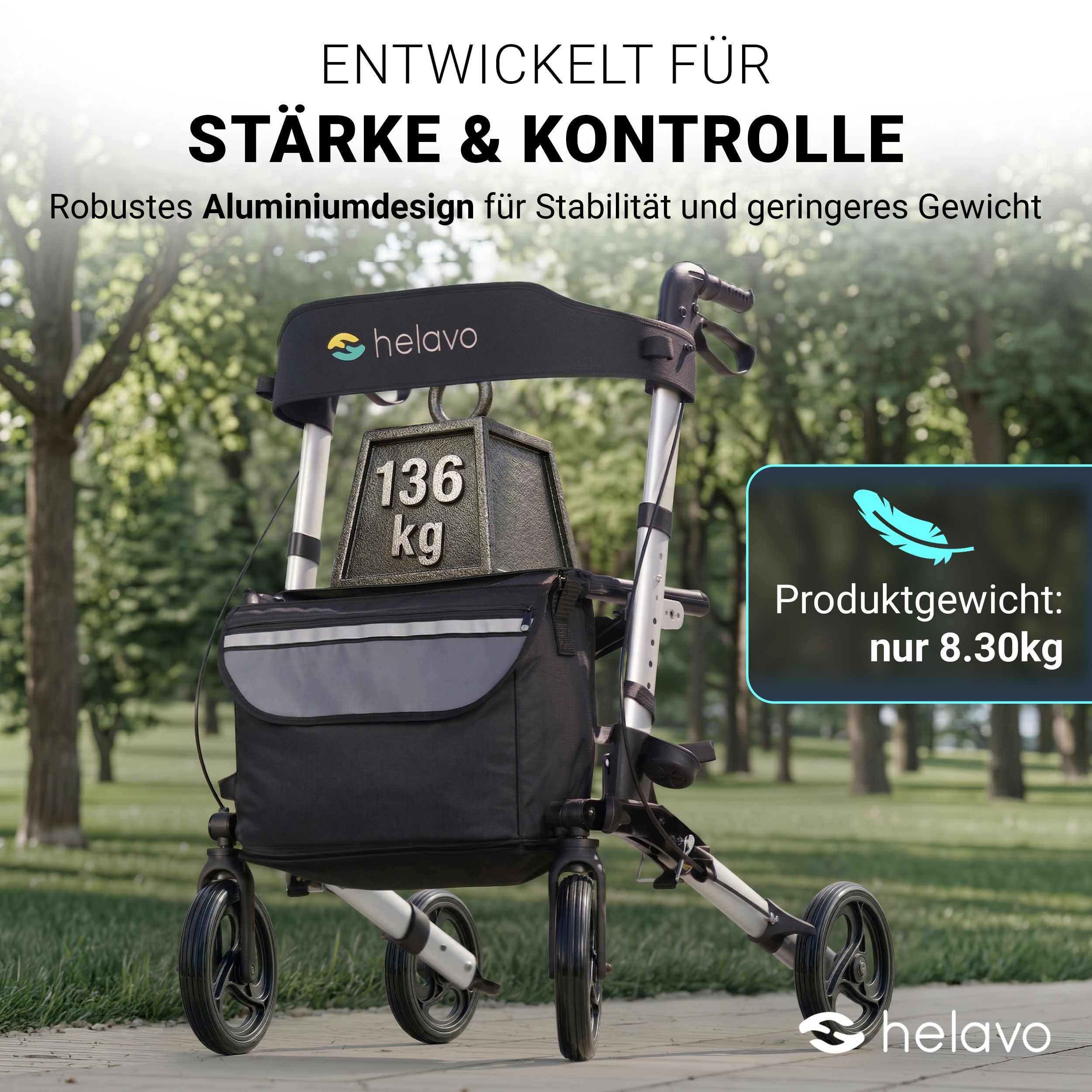 Helavo Aluminium Rollator faltbar mit Sitzfläche und Reisetasche leicht 8,3kg
