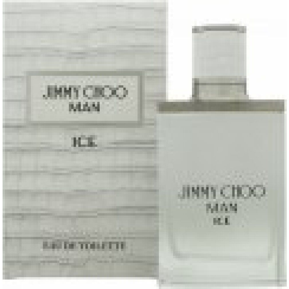 Weißes Eau de Toilette-Spray mit weißer Verpackung. Aufschrift: Jimmy Choo Man Ice.