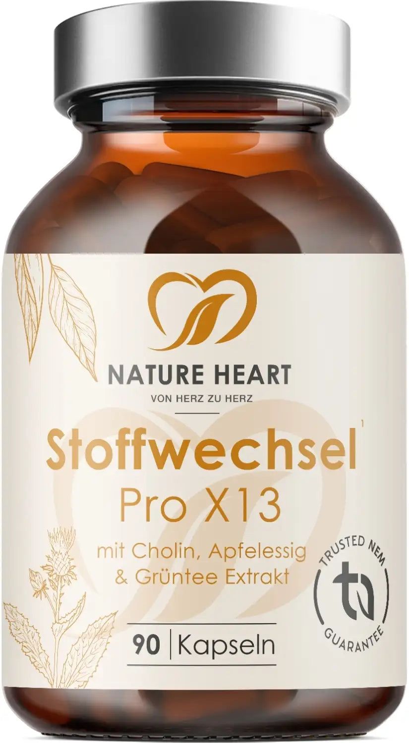Braune Glasflasche mit Kapseln. Aufschrift: Stoffwechsel Pro X13, Nature Heart. 90 Kapseln. Trusted NEM Garantie.