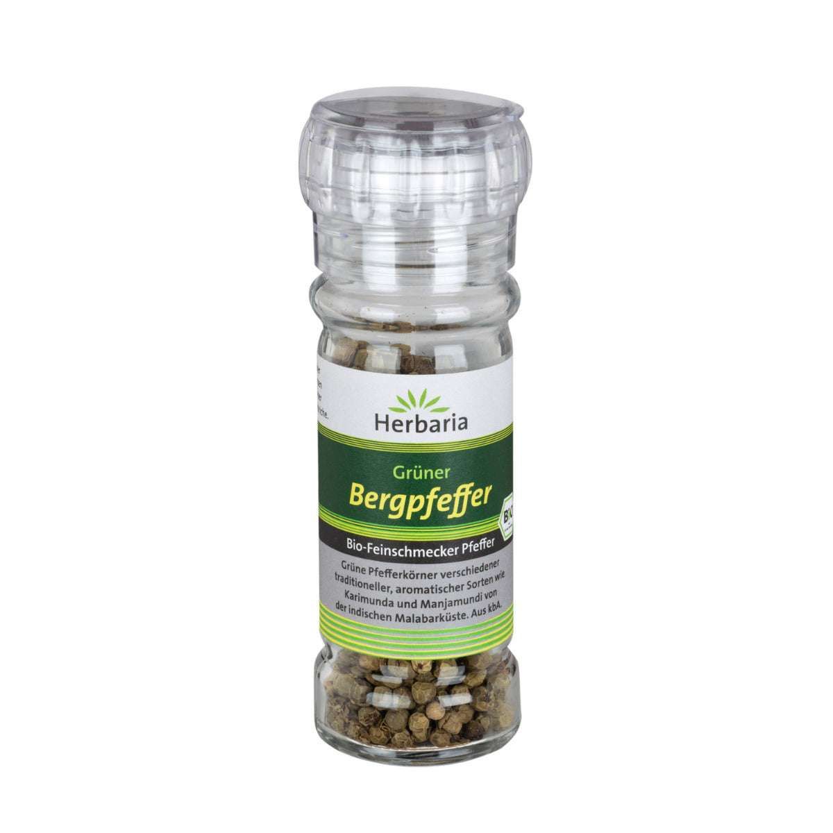 Grüner Bergpfeffer in einer transparenten Gewürzmühle. Aufschrift: Herbaria, Grüner Bergpfeffer Bio.