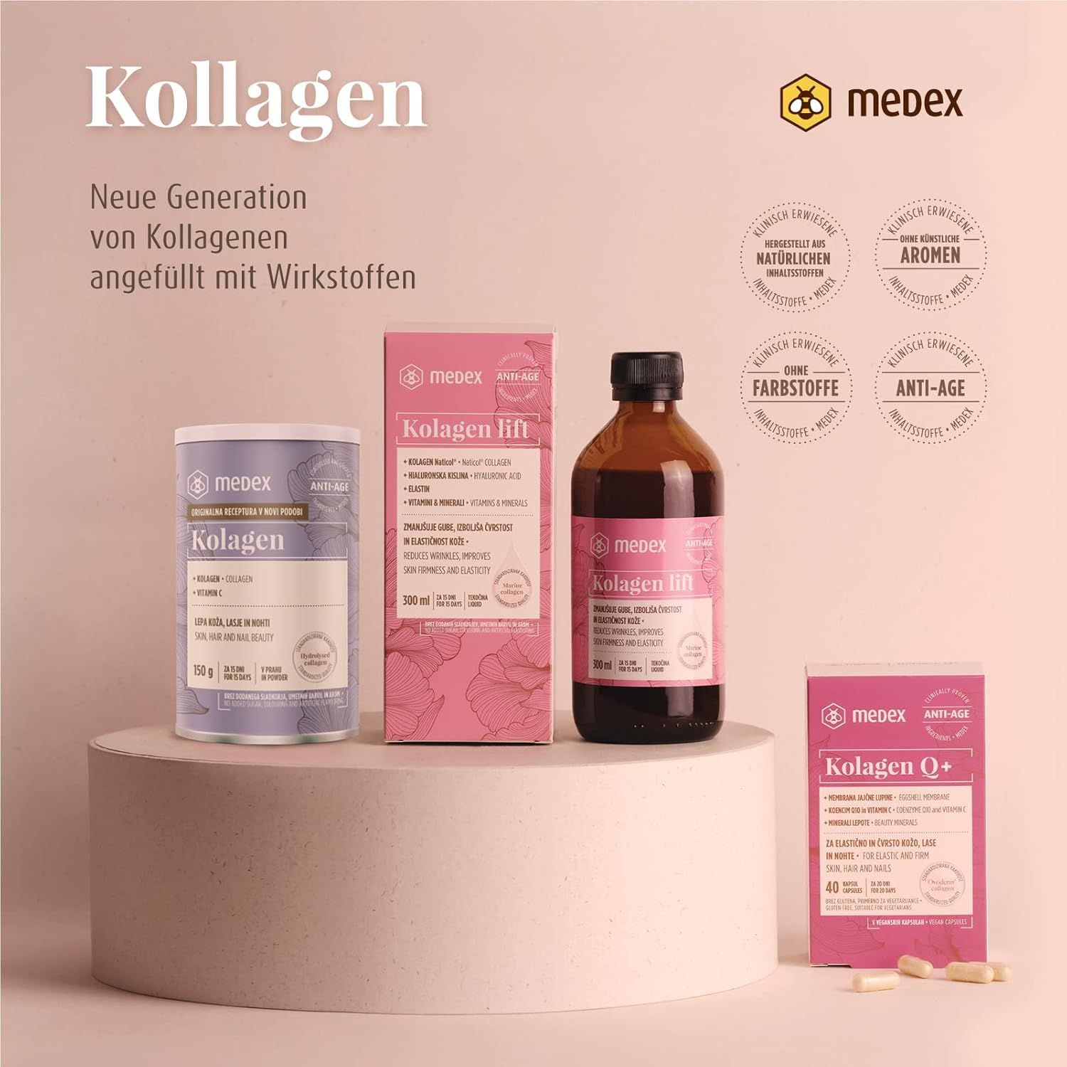 Verschiedene Medex Kollagen-Produkte: Flasche, Dose, Packung. Text: 'Kollagen'. Verpackungen mit Logos und Text.