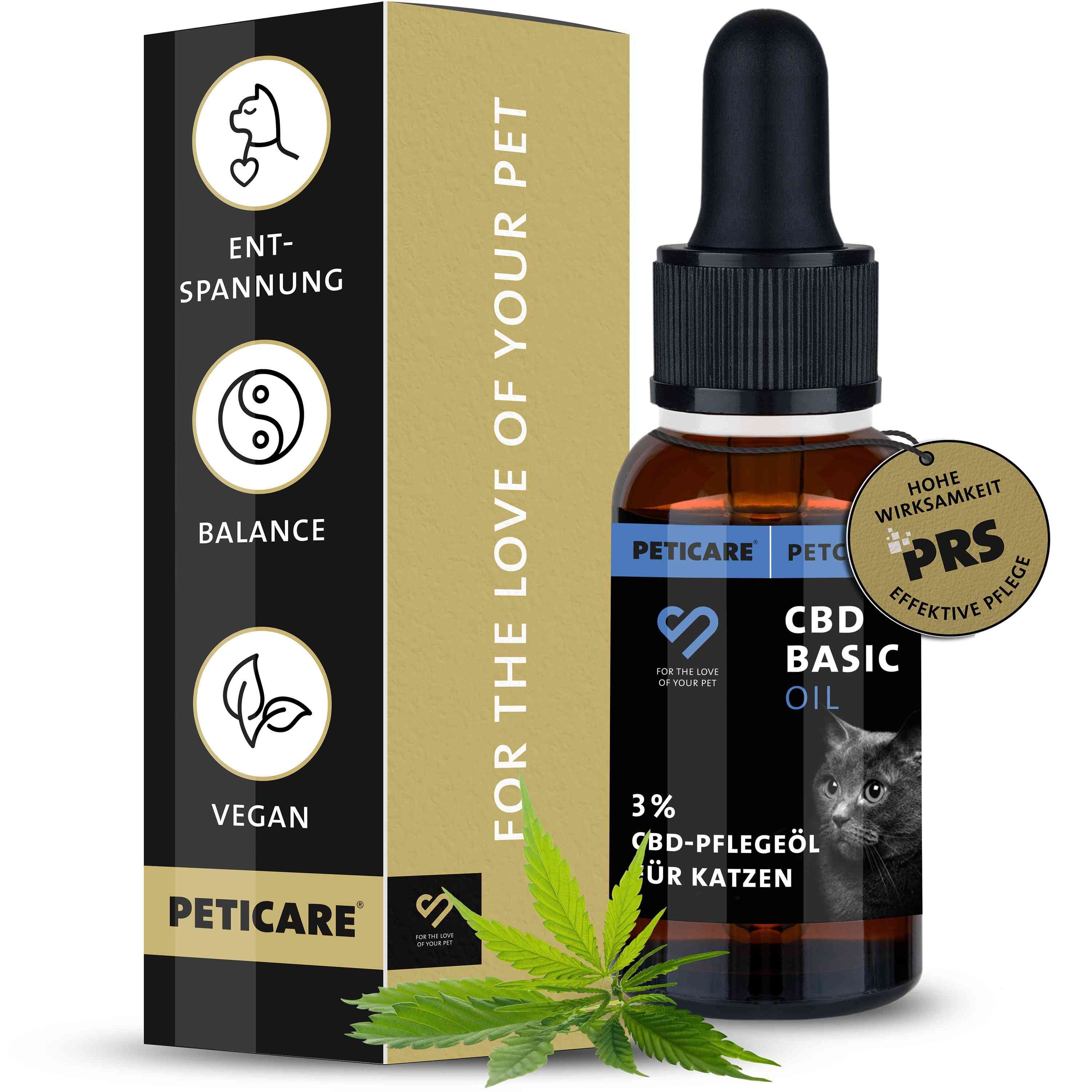 Braune Glasflasche und Karton. Aufschrift: Peticare CBD Basic Oil 3% für Katzen. Grünpflanze.