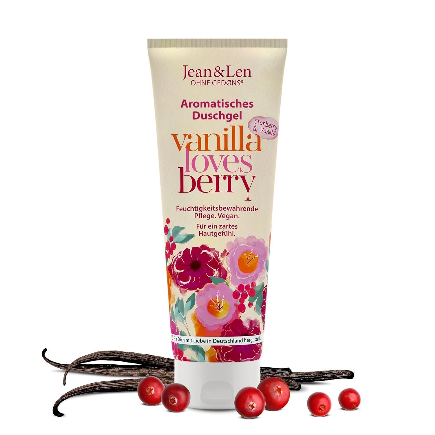 Tube mit Duschgel, Text: Aromatisches Duschgel, Vanilla loves Berry. Cranberry & Vanille. Vanilleschoten und Cranberries liegen daneben.
