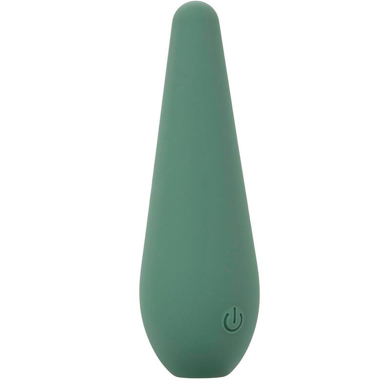 Grünes Massagegerät, tropfenförmig. Mit Ein-/Ausschalter. Aus Silikon.