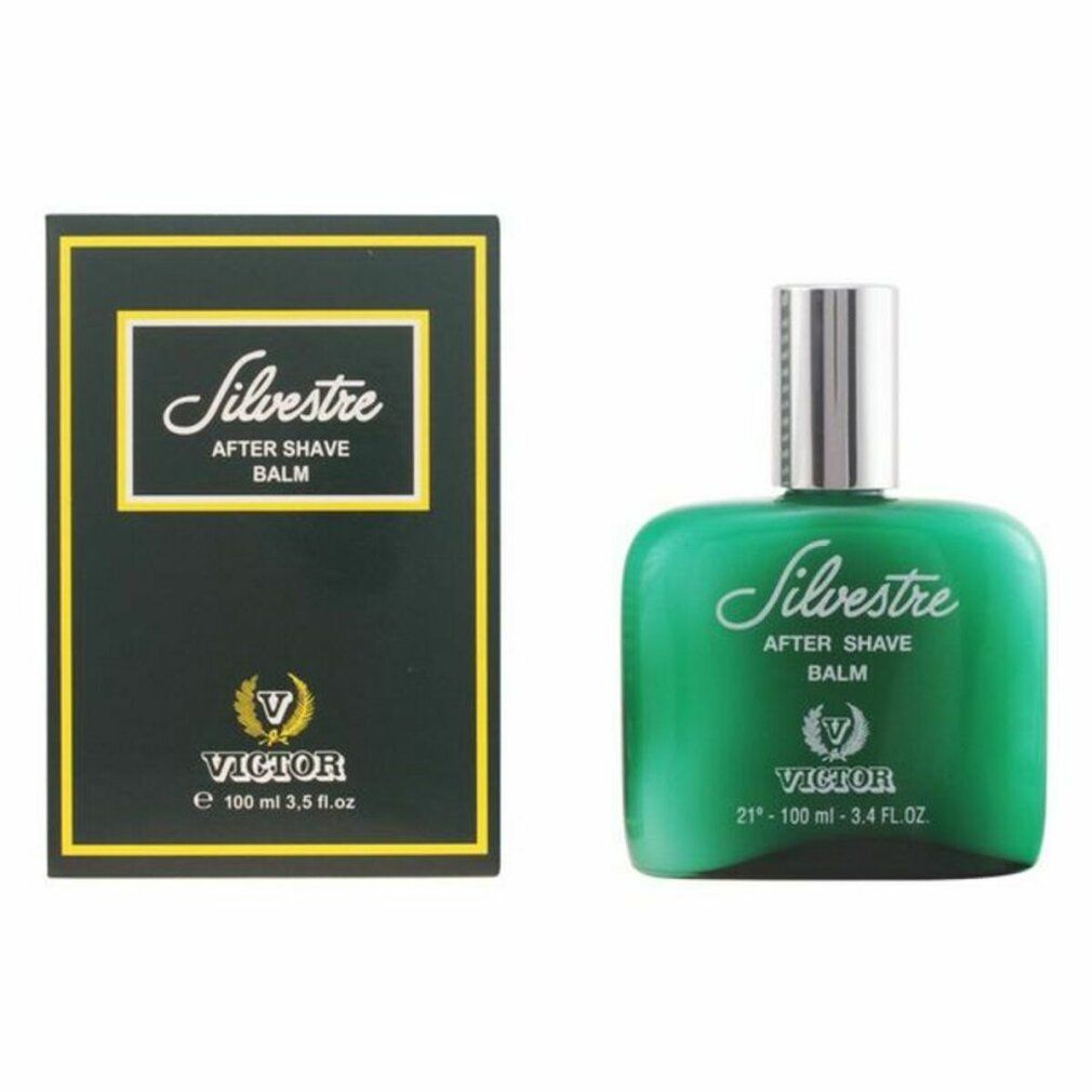Grüne After Shave Balm Flasche und Verpackung. Aufschrift: Silvestre, After Shave Balm, Victor. Verpackung mit gelbem Rahmen.