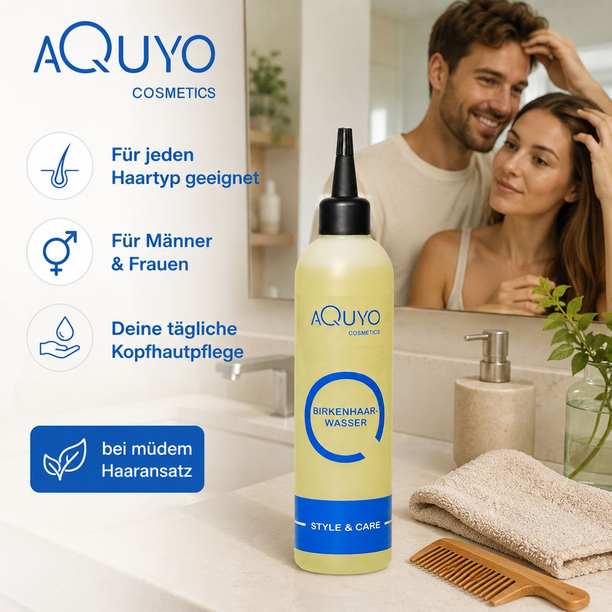 Gelbliche Flasche mit schwarzem Applikator. Aufschrift: Birkenhaarwasser. Text: Für jeden Haartyp geeignet. Für Männer & Frauen. Tägliche Kopfhautpflege.