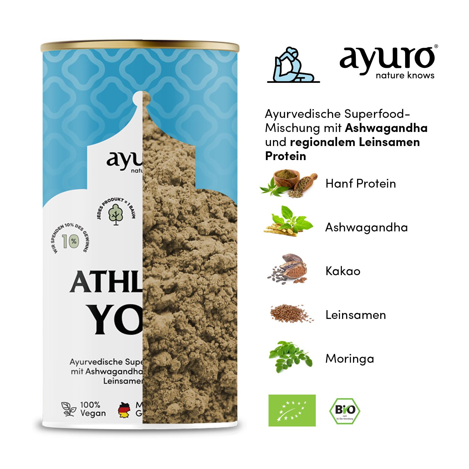 Athletic Yogi Dose mit Inhaltsstoffen: Hanfprotein, Ashwagandha, Kakao, Leinsamen, Moringa. Logo ayuro.
