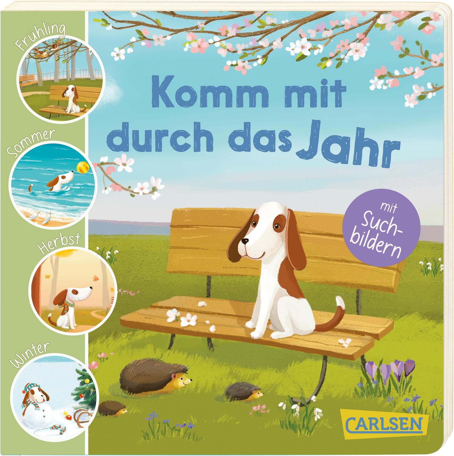 Buchcover: "Komm mit durch das Jahr". Hund auf Bank, Illustrationen der Jahreszeiten. Carlsen-Logo.