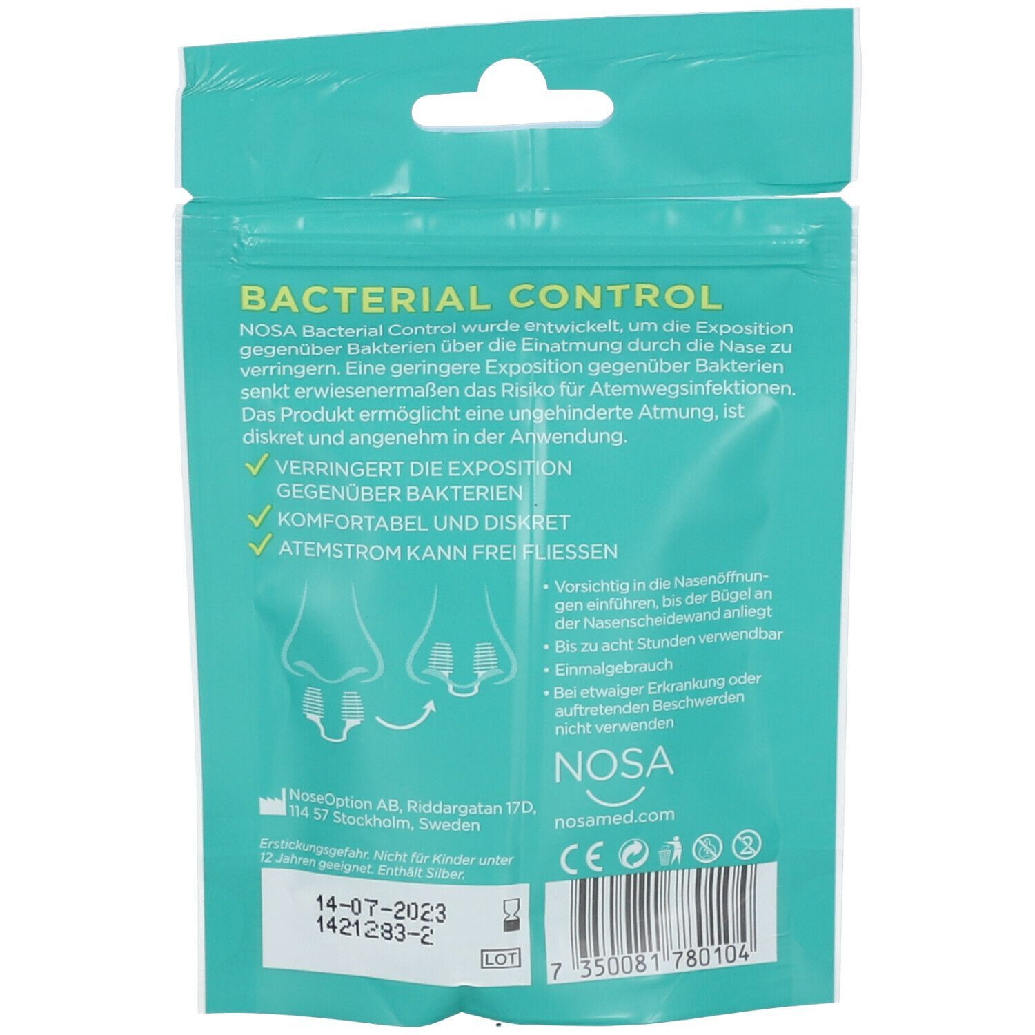 Rückseite der Verpackung mit Nasenfiltern. Text: NOSA BACTERIAL CONTROL. Produktinformationen und Illustrationen.
