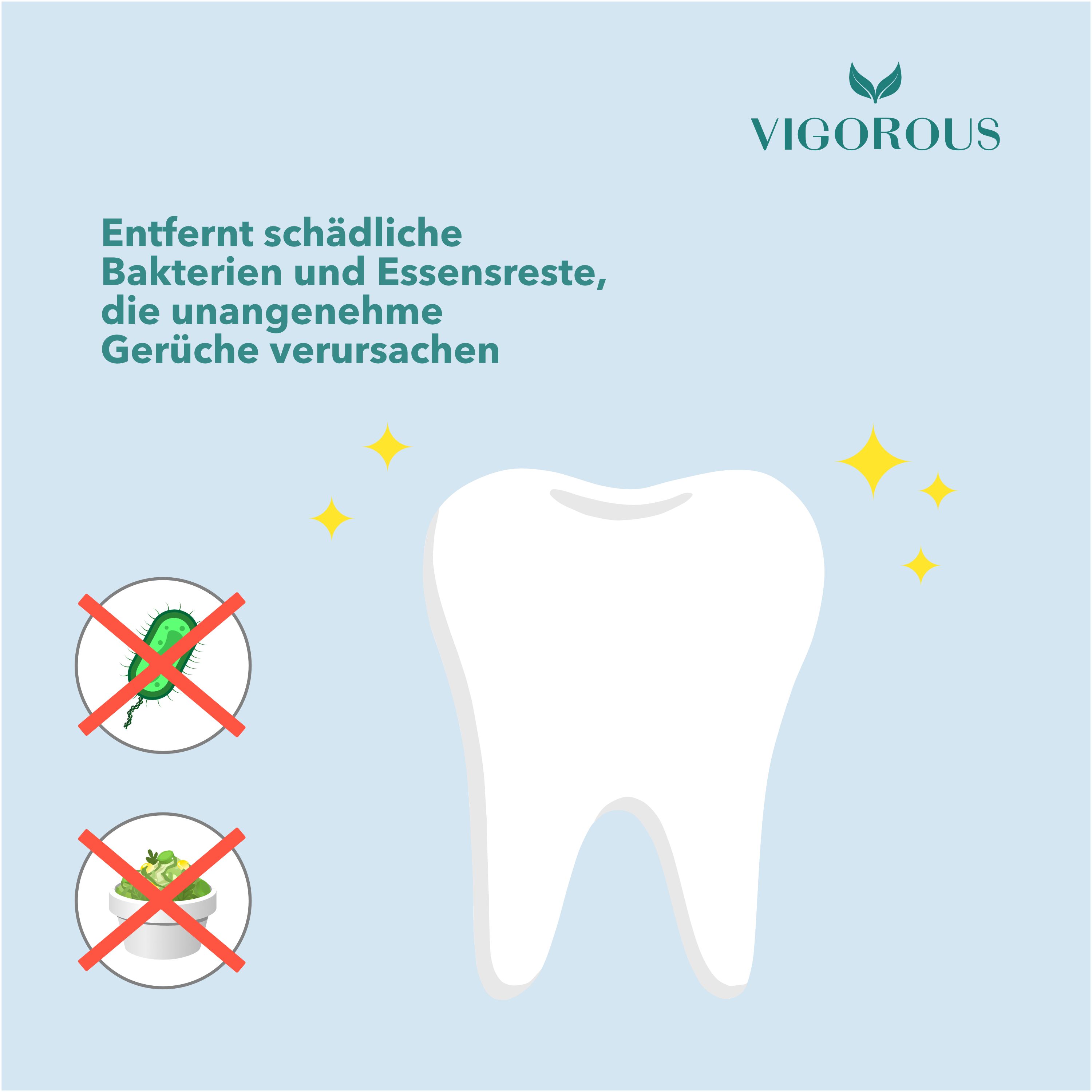 Zahn mit Sternen. Aufschrift: VIGOROUS, Entfernt schädliche Bakterien und Essensreste, die unangenehme Gerüche verursachen.
