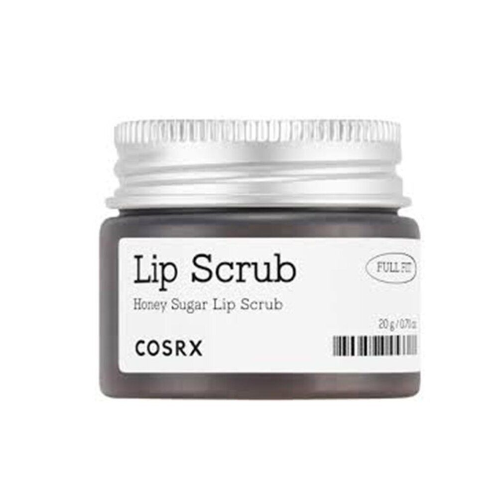 Ein kleiner Tiegel mit silbernem Deckel, beschriftet mit "Lip Scrub Honey Sugar Lip Scrub COSRX".