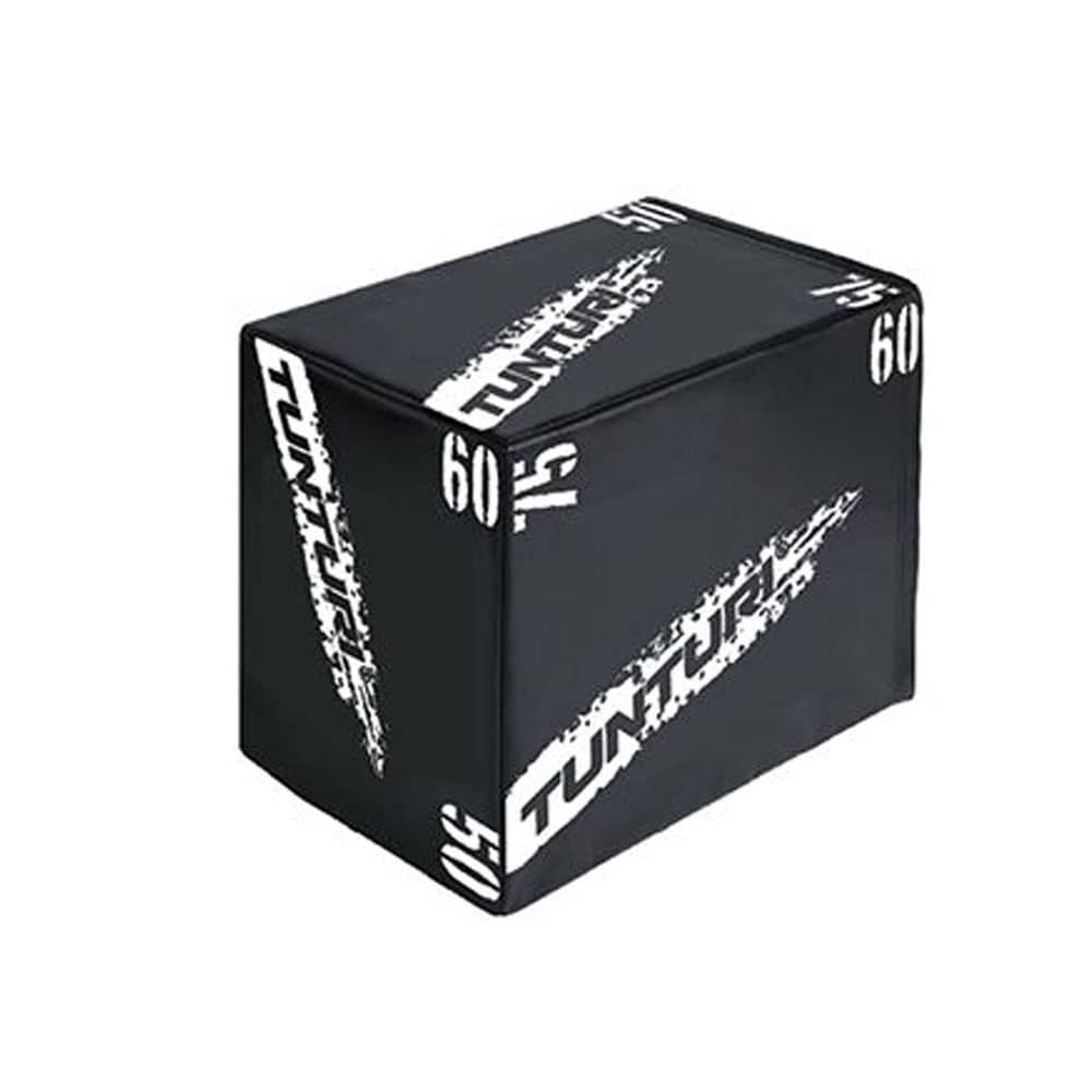 Schwarzer, weicher Plyo-Box. Auf der Oberseite und den Seiten sind weiße Logos und Größenangaben (50, 60, 75).