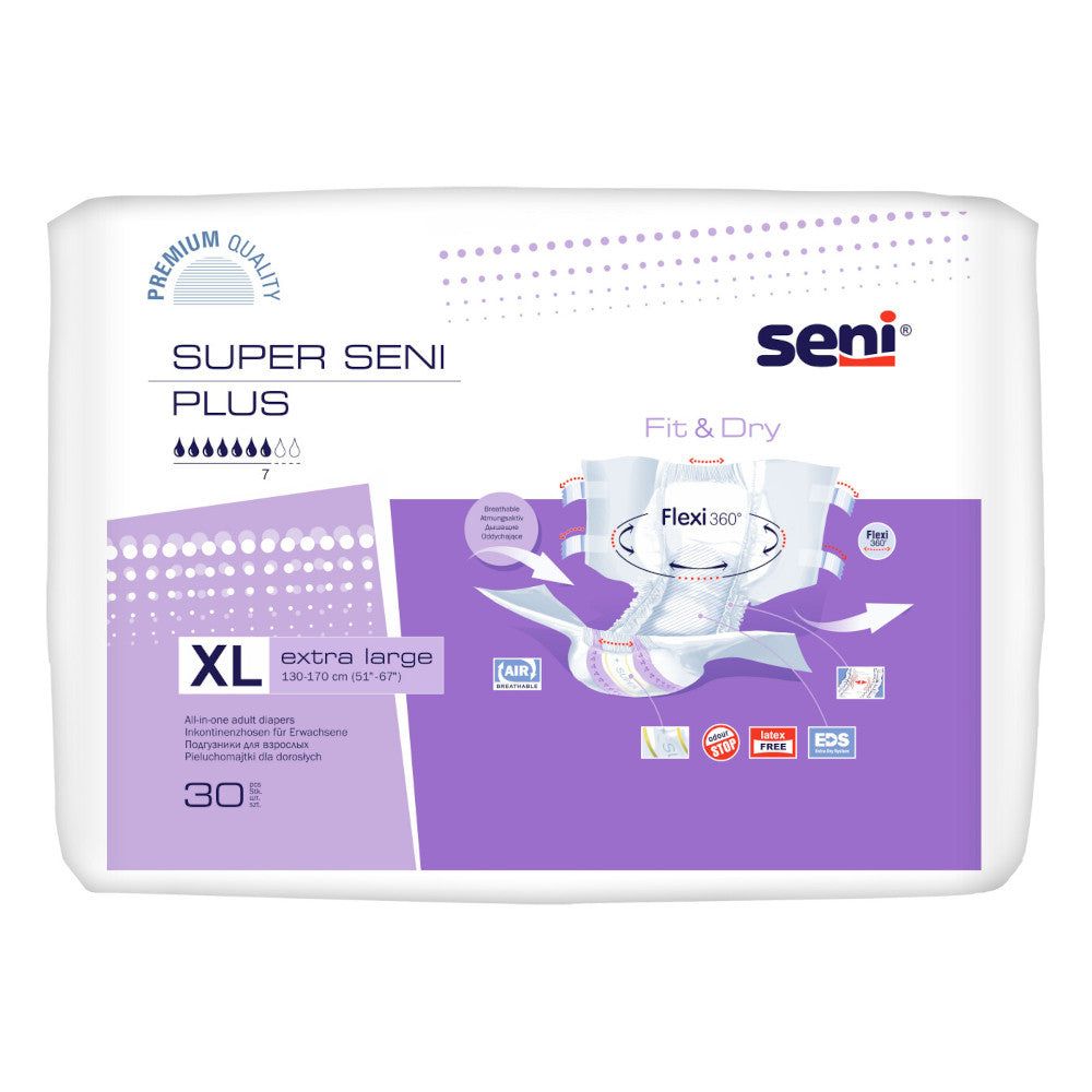 Verpackung Super Seni Plus XL, mit Produktabbildung. Text: Seni, XL, Fit & Dry, 30 Stück. Qualitätszeichen.