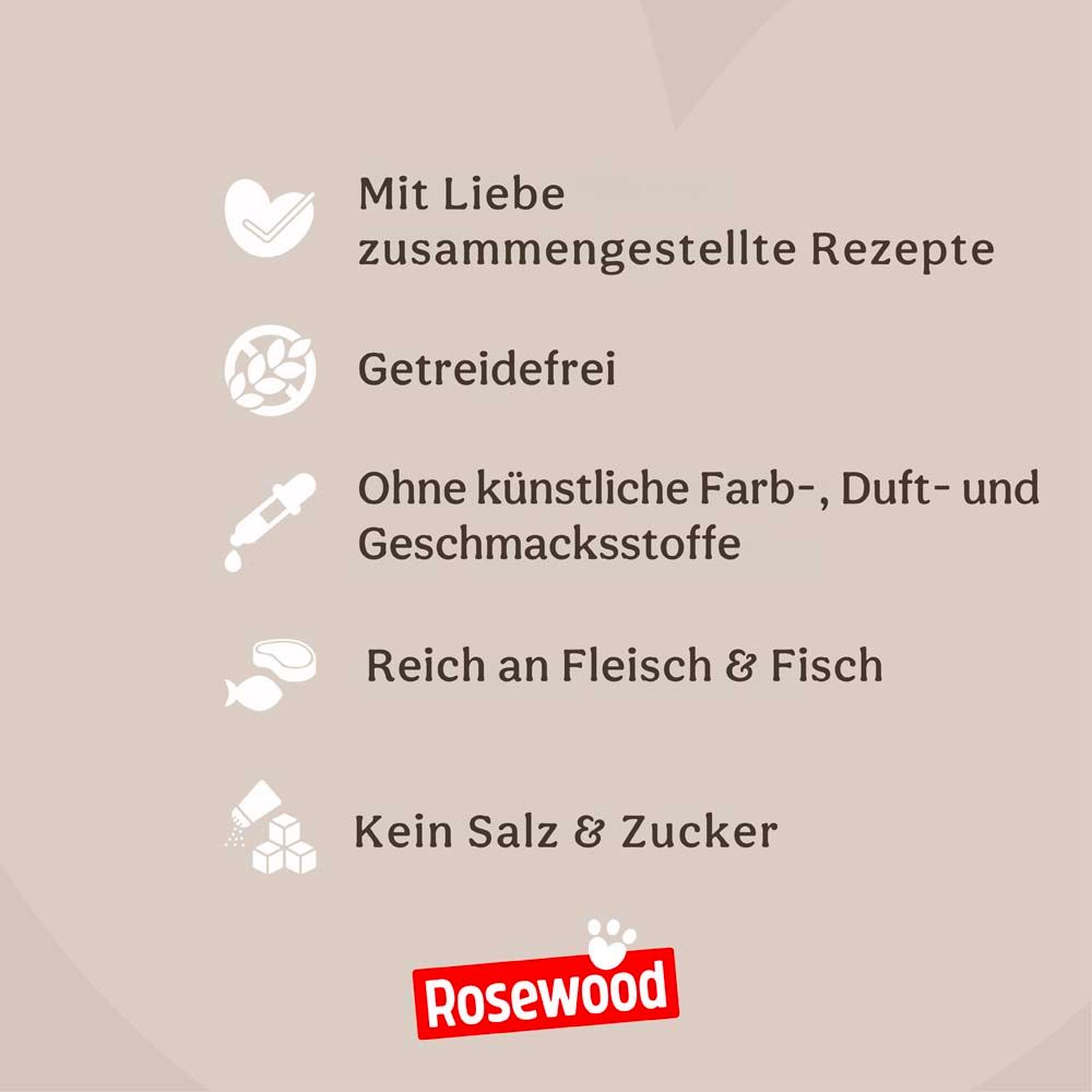 Text auf rosa Hintergrund: Getreidefrei, ohne künstliche Zusätze, reich an Fleisch & Fisch, kein Salz & Zucker.