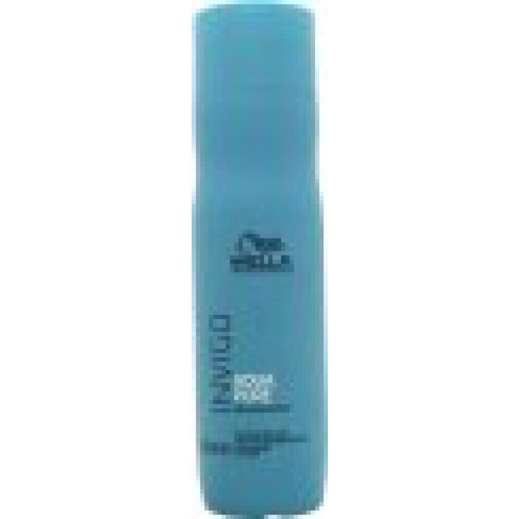 Hellblaues Shampoo mit Schriftzug INVIGO, AQUA PURE, Wella Professionals Logo. Flasche mit blauem Deckel.