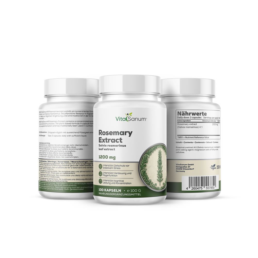 Drei weiße Flaschen mit Kapseln. Aufschrift: VitaSanum, Rosemary Extract, 1200 mg. Mit Rosmarinzweig-Illustration. 100 Kapseln.