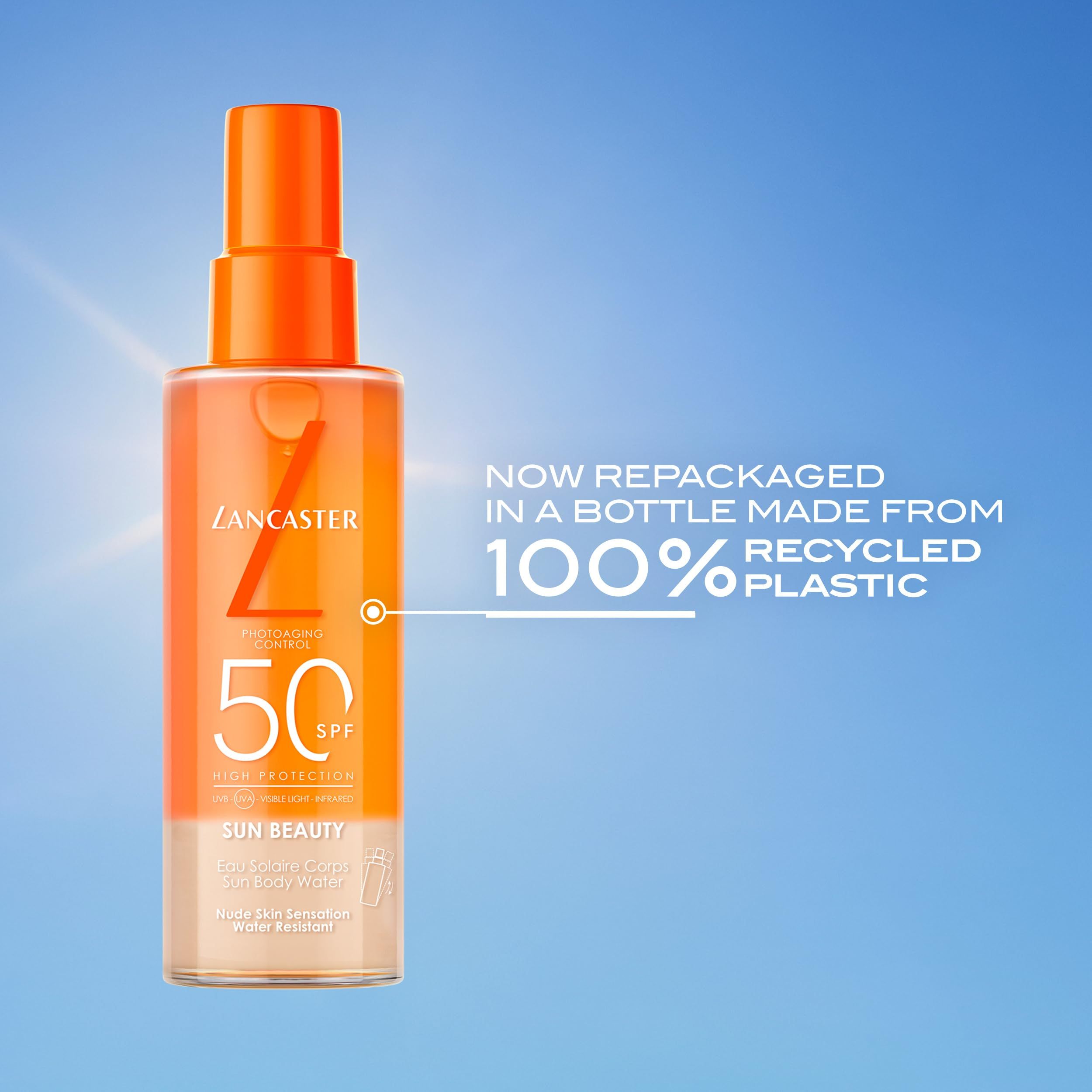 Lancaster Sun Beauty Water Spray SPF 50, bietet einen goldenen Teint in halber Zeit, hilft, sonnenbedingte Hautschäden zu reparieren.