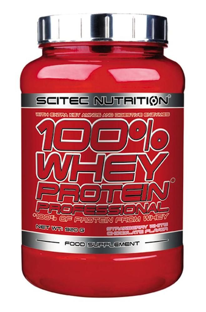 Rote Dose Scitec Nutrition 100% Whey Protein Professional. Mit silbernem Deckel. Erdbeer-Weiße Schokolade Geschmack.