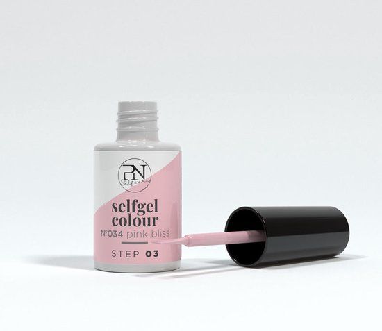 PN SelfGel Flasche, rosa Farbton N34 Pink Bliss, Pinsel liegt daneben. Aufschrift: Selfgel Colour, Step 03.
