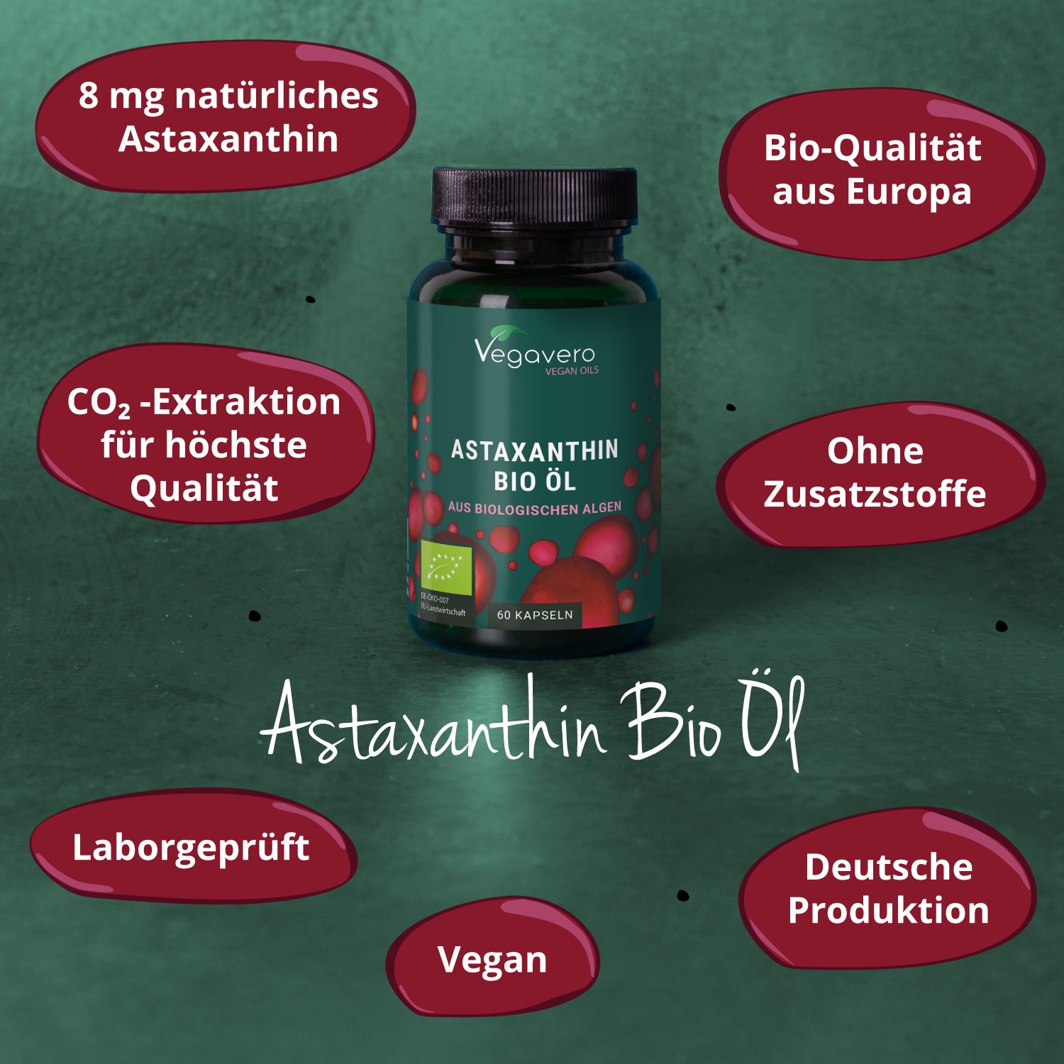 Flasche Astaxanthin Bio Öl mit roten Sprechblasen. Informationen: 8 mg Astaxanthin, ohne Zusatzstoffe, vegan.