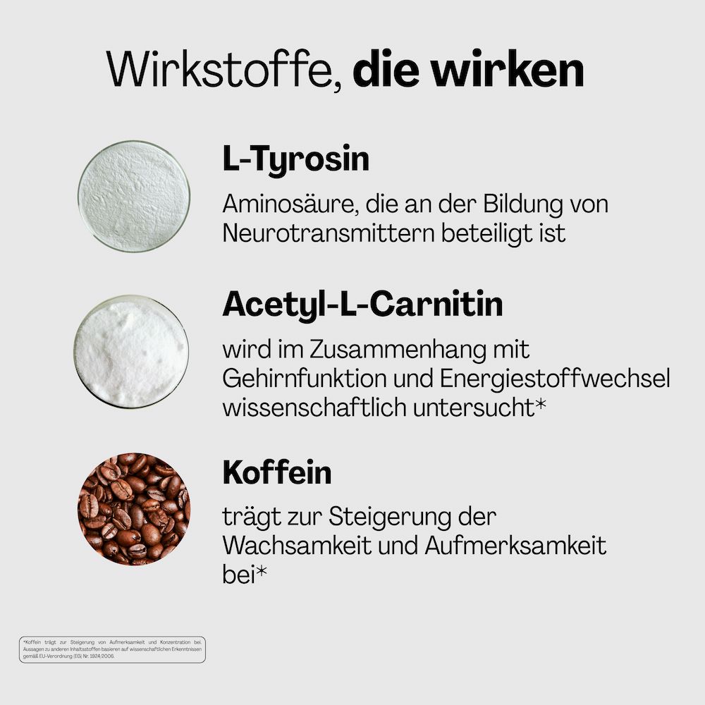Drei Zutaten: L-Tyrosin, Acetyl-L-Carnitin und Koffein. Beschreibungen der Inhaltsstoffe und deren Wirkung.