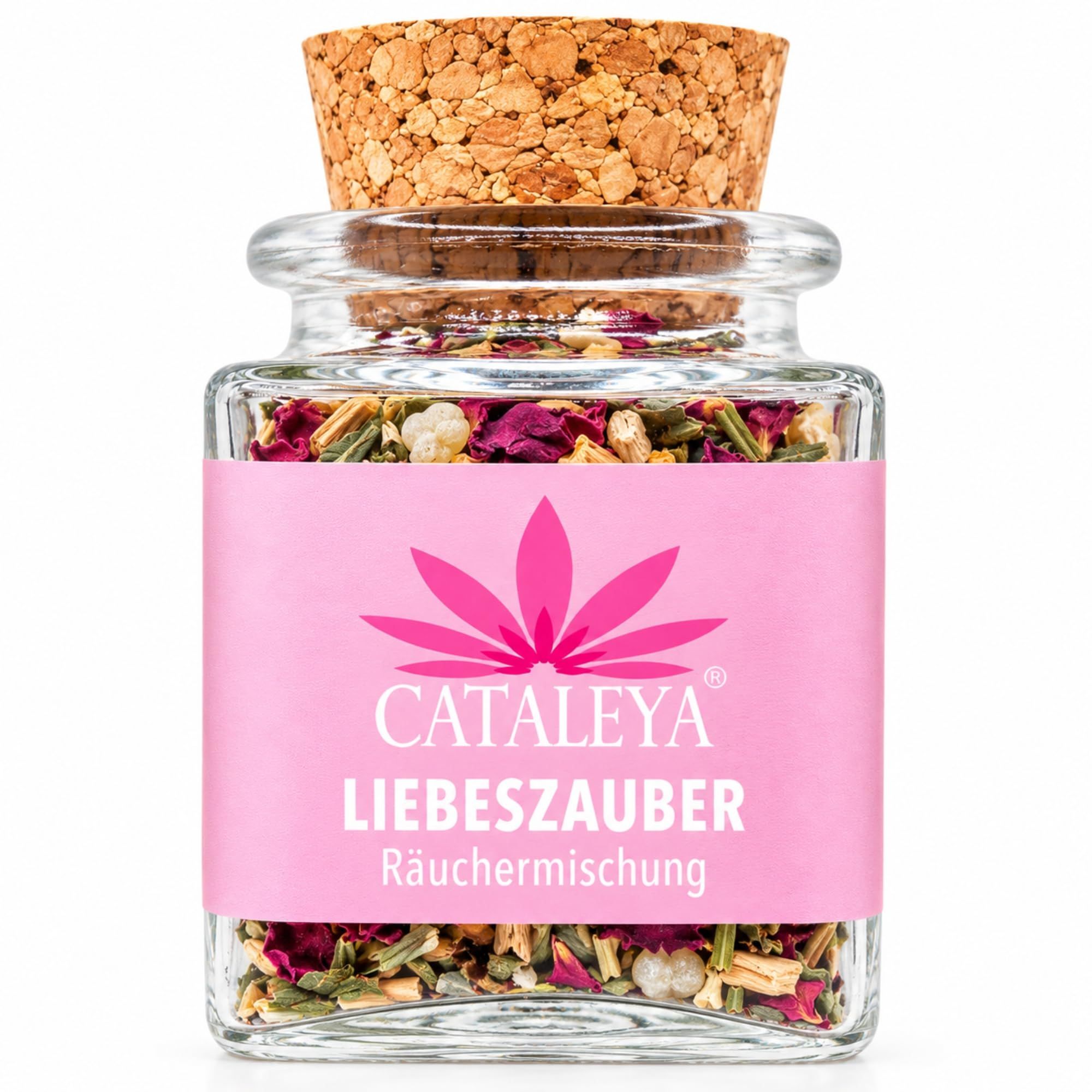 Glasbehälter mit Korkverschluss, gefüllt mit Räuchermischung. Rosa Etikett mit 'CATALEYA LIEBESZAUBER'.
