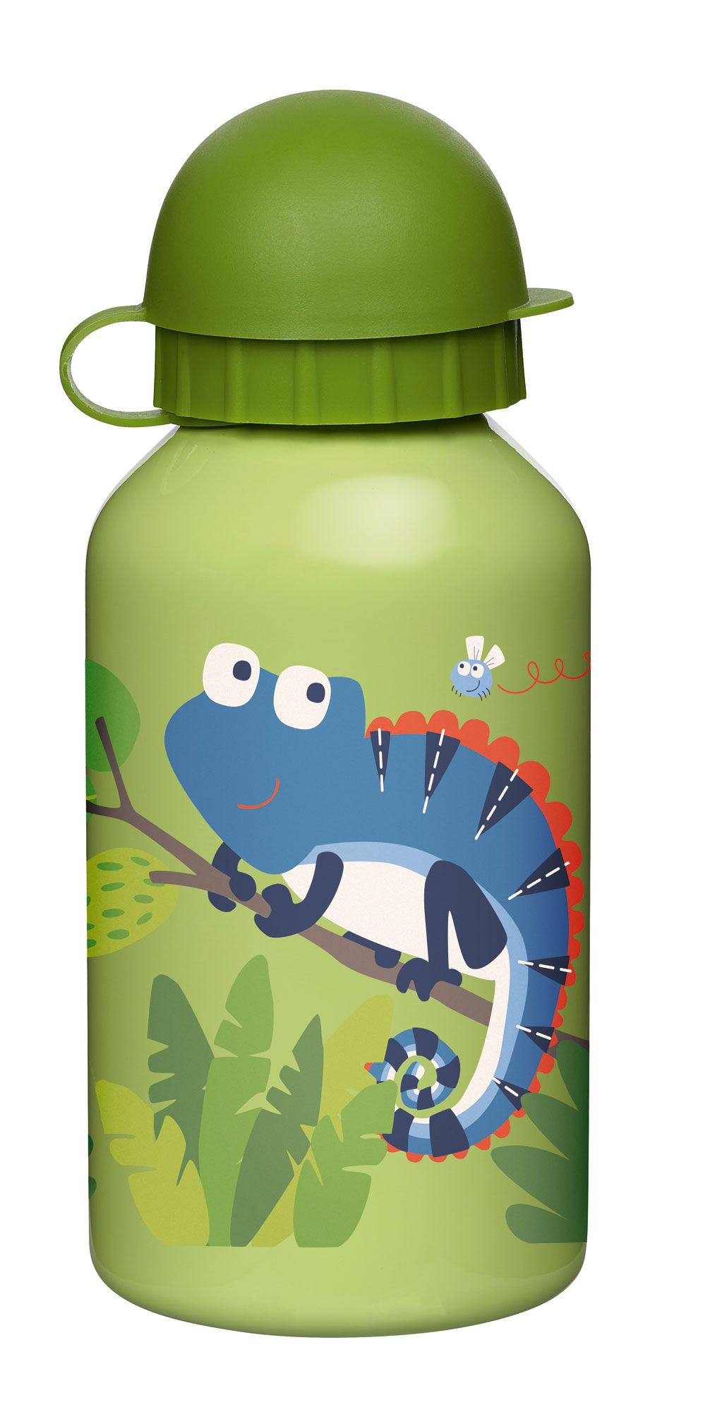 Grüne Trinkflasche mit Chamäleon-Illustration. Grüner Deckel, Trageschlaufe. Aluminiumbehälter.