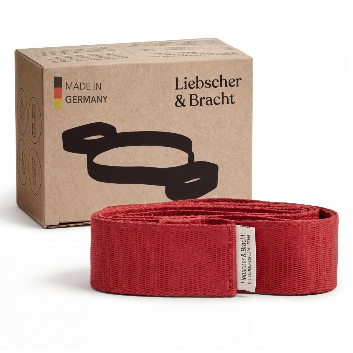 Rote Übungsschlaufe neben einer Box mit "Made in Germany" Aufdruck.