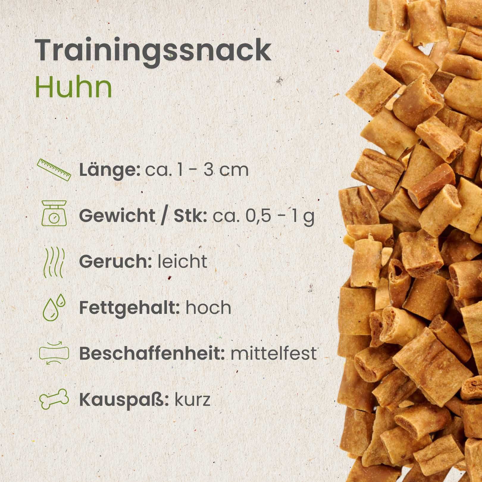 Hundefutter-Leckerlis: Huhn, Länge 1-3 cm, Gewicht 0,5-1g. Leicht, hoher Fettgehalt, mittelfest.