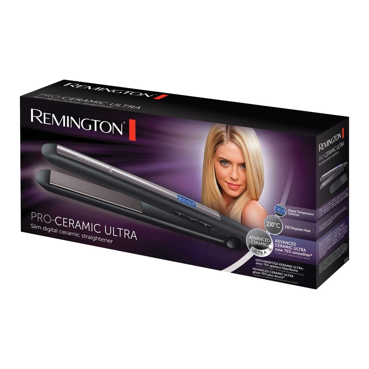 Verpackung der Haarglätter. Produktname und Bild. Frau mit blonden Haaren. Schwarzer Hintergrund.