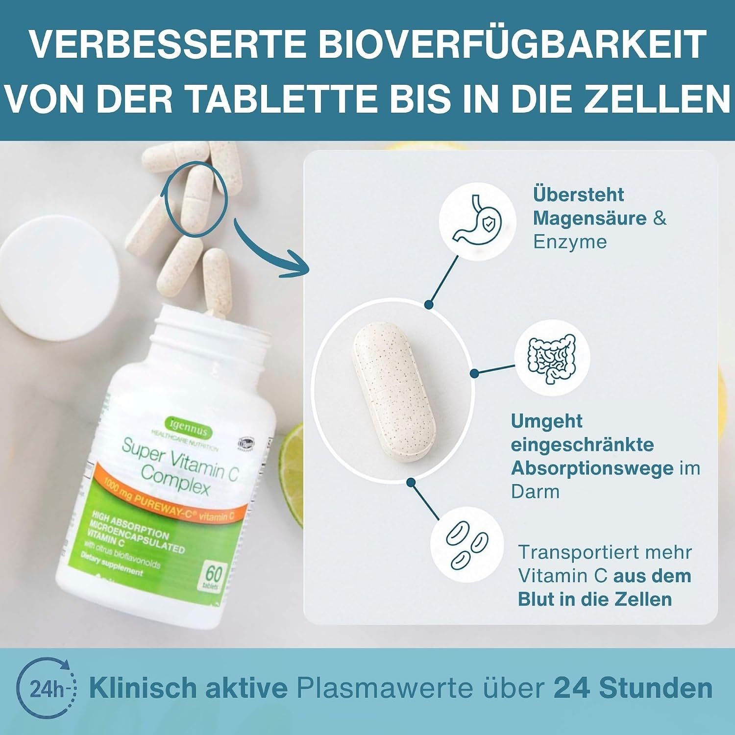 Flasche mit Vitamin C Tabletten, umgeben von Zitrusfrüchten und Papaya.