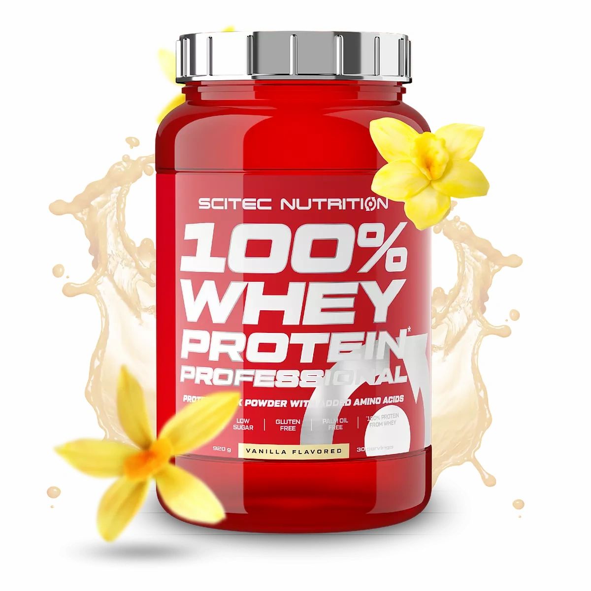 Rote Dose Scitec Nutrition 100% Whey Protein Professional, Vanille-Geschmack. Mit gelben Blüten und Spritzern im Hintergrund.