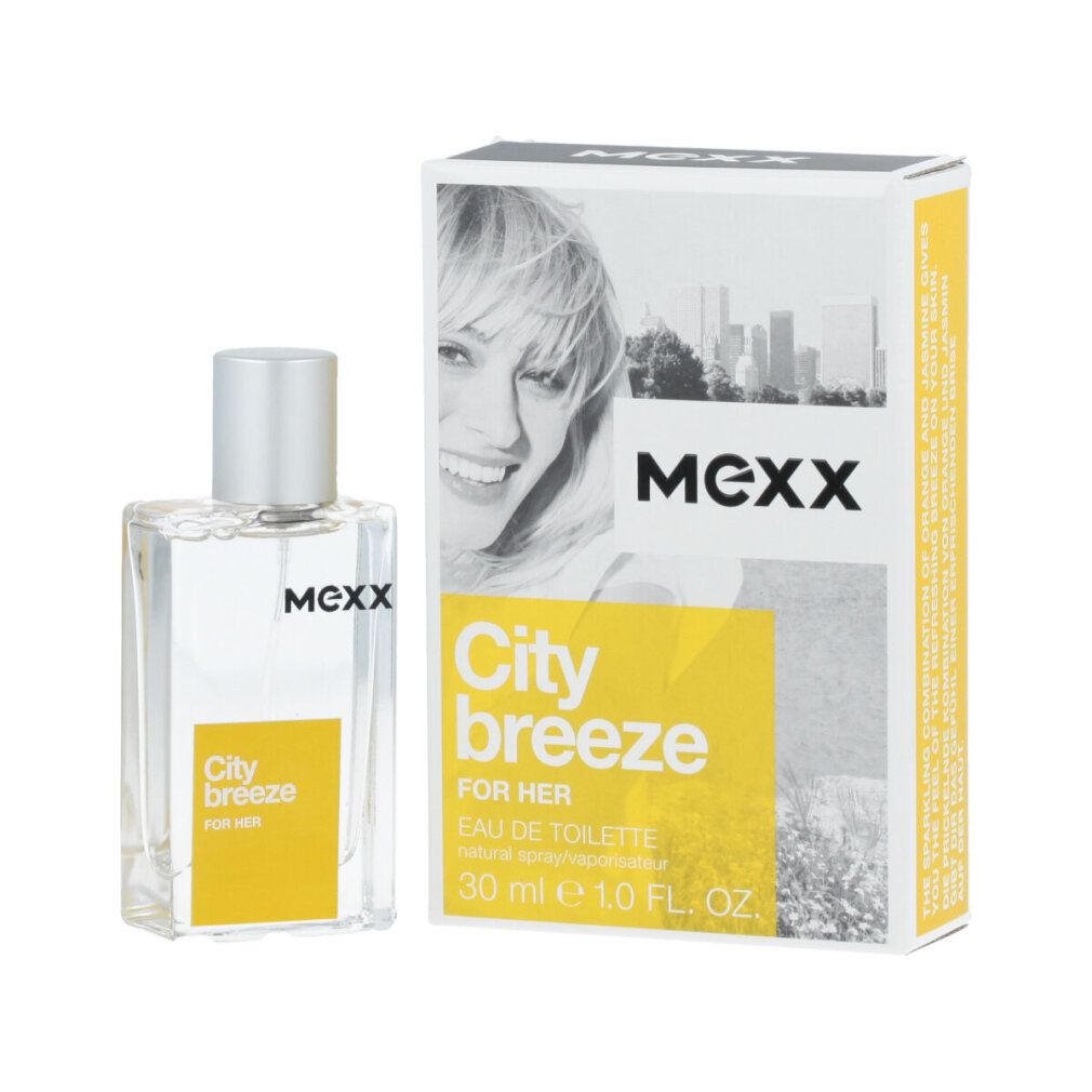 Flakon und Verpackung. Flakon mit silbernem Deckel. Gelbes Etikett mit "City breeze FOR HER". Verpackung mit Frau.