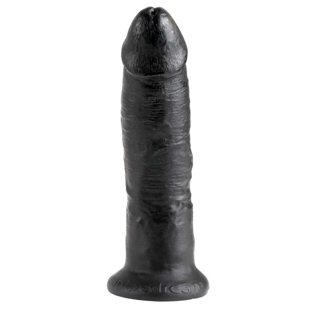 Schwarzer Dildo mit texturierter Oberfläche und Saugfuß. Vertikale Ansicht, freigestellt.