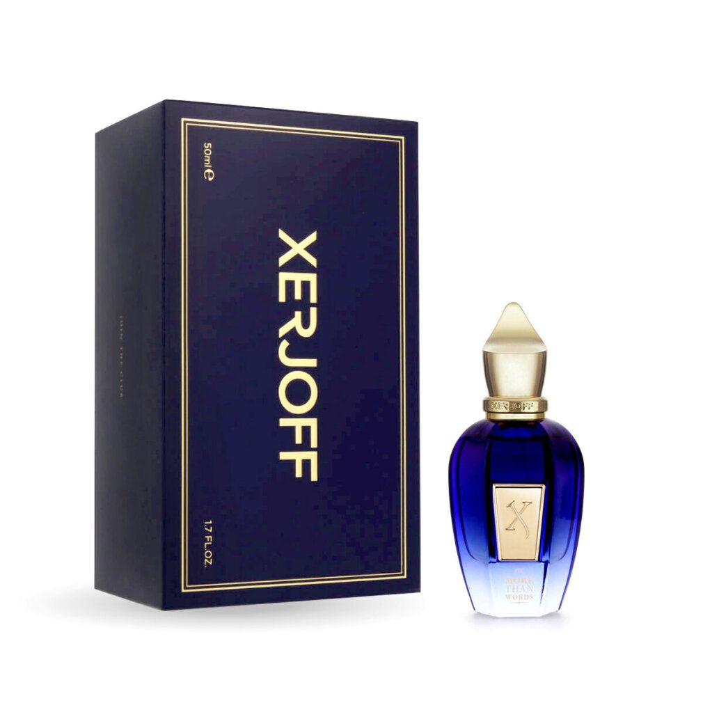 Dunkelblaue Schachtel und Flakon. Goldfarbener Schriftzug XERJOFF. Flakon mit goldfarbenem Verschluss. Aufschrift: 1.7 FL.OZ. und 50ml.