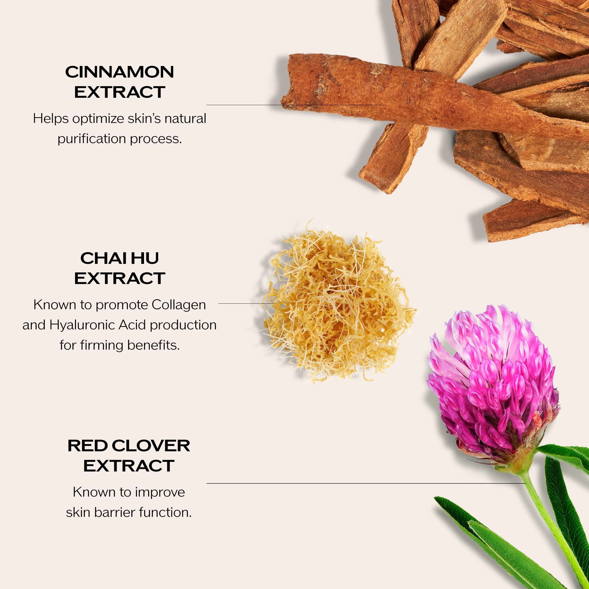 Zimt-Extrakt, Chai Hu-Extrakt und Rotklee-Extrakt. Textbeschreibungen: Optimiert die natürliche Hautreinigung, fördert Kollagen, verbessert die Hautbarriere.