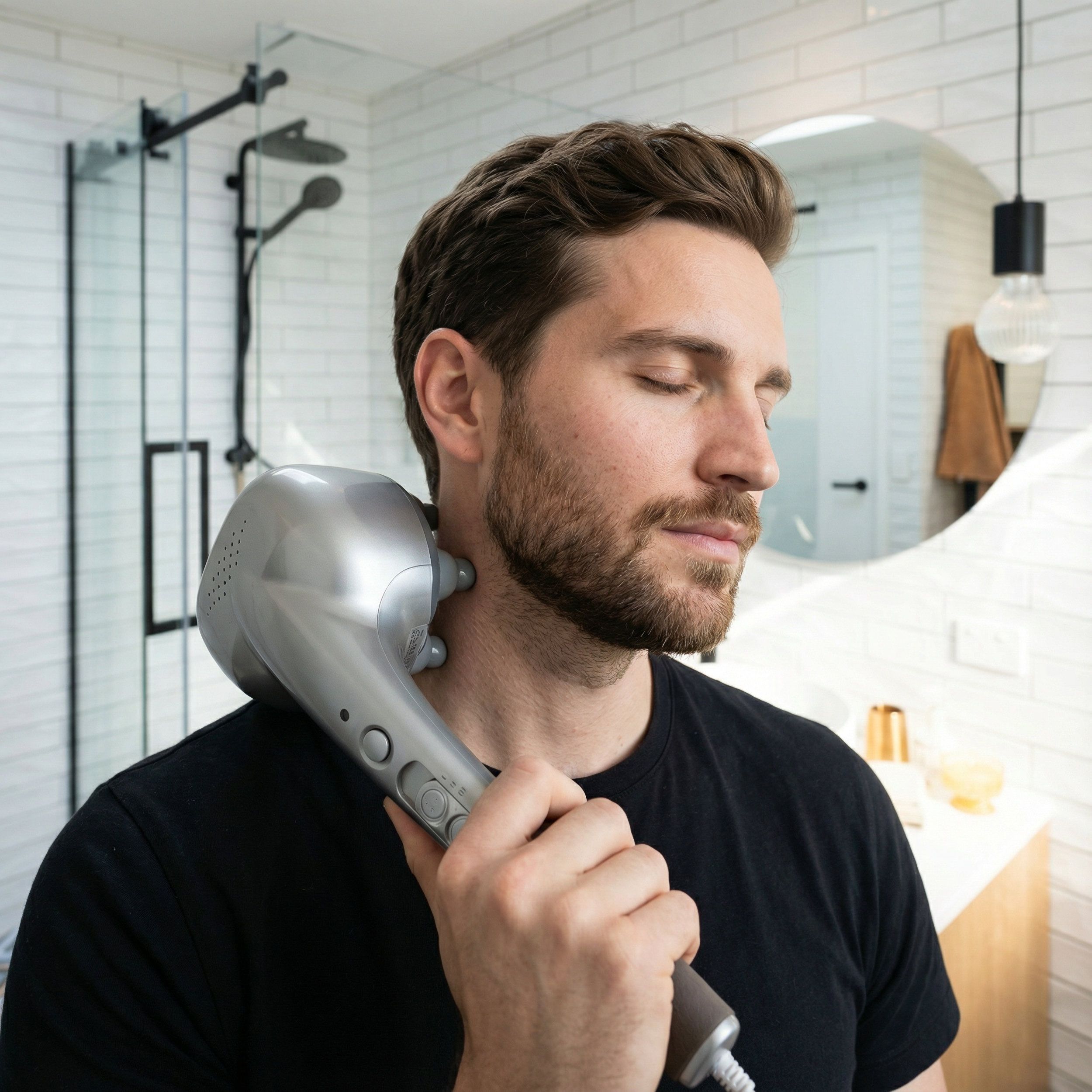 Mann im Badezimmer, hält Massagegerät am Nacken. Silberfarbenes Gerät mit Knöpfen. Augen geschlossen.