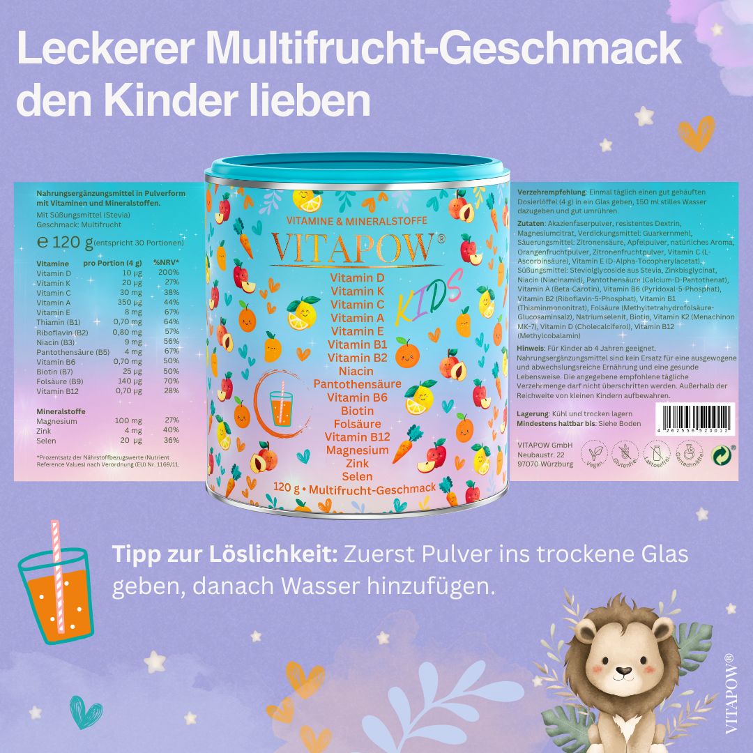 Vitapow Kinder Multivitamin Pulver: 120g Dose, Multivitamin-Geschmack. Mit Frucht- und Gemüseabbildungen.