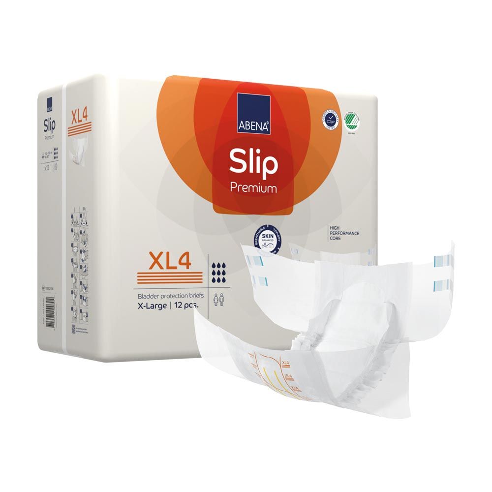 ABENA Slip Premium XL4, Inkontinenz-Schutzhose. Verpackung mit 12 Stück. Produkt teilweise geöffnet.