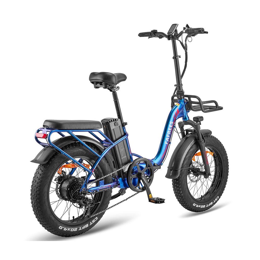 Blaues Fafrees F20 Max E-Bike. Schwarze Reifen, Gepäckträger, Frontkorb und Schutzbleche. Marke sichtbar.