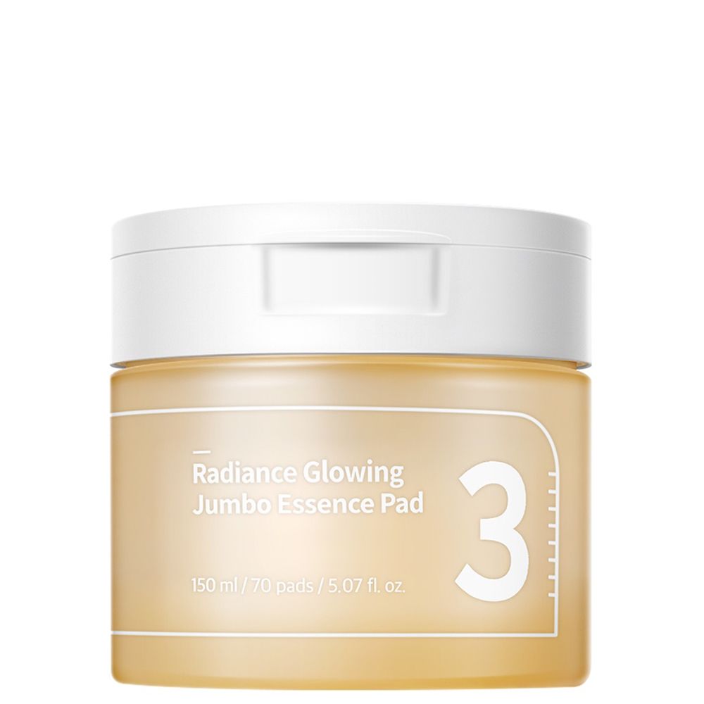 NUMBUZIN No.3 Radiance Glowing Jumbo Essence Pad in einem runden Behälter mit weißem Deckel. Enthält 70 Pads.