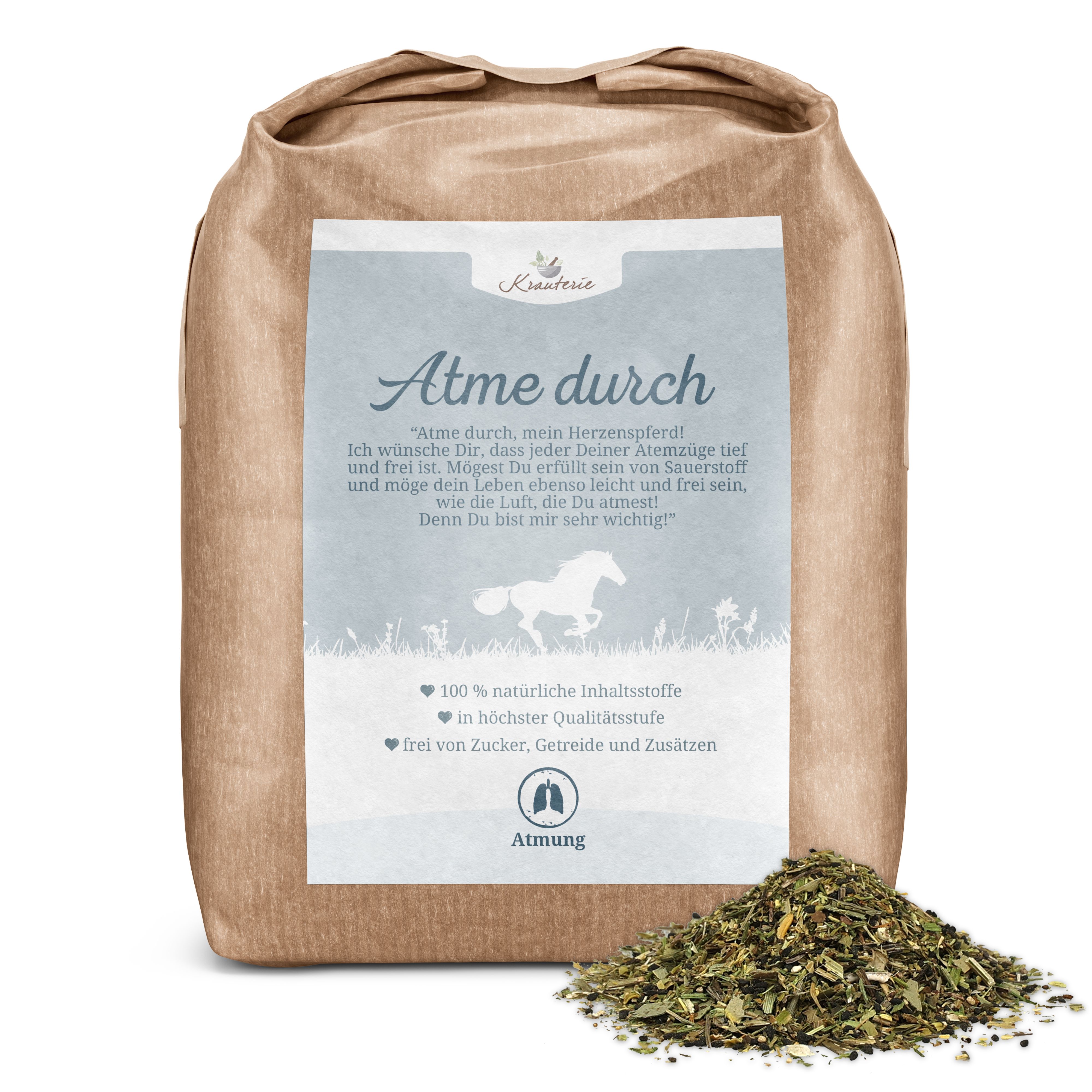 Braune Papiertüte mit Kräutermischung für Pferde. Etikett mit Pferdesilhouette und dem Produktnamen "Atme durch!".