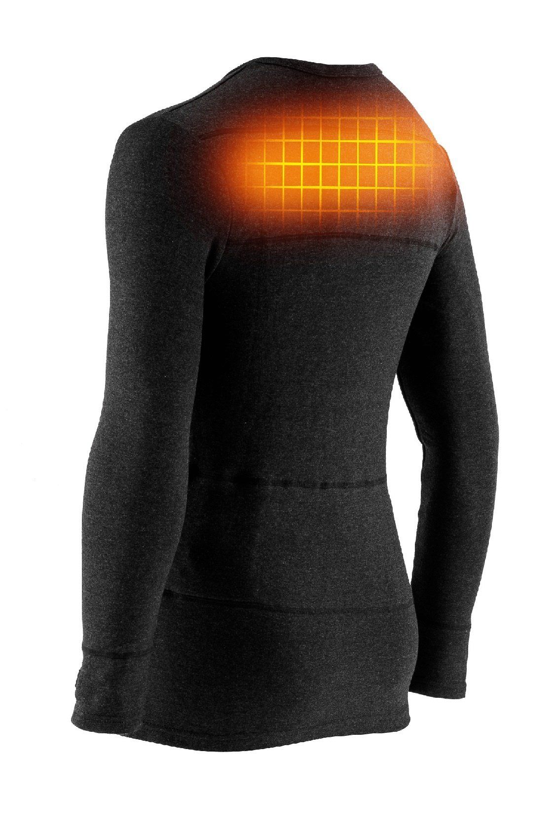 Dunkelgraues Langarm-Thermo-Shirt. Heizbereich im Rücken dargestellt. Rückansicht.
