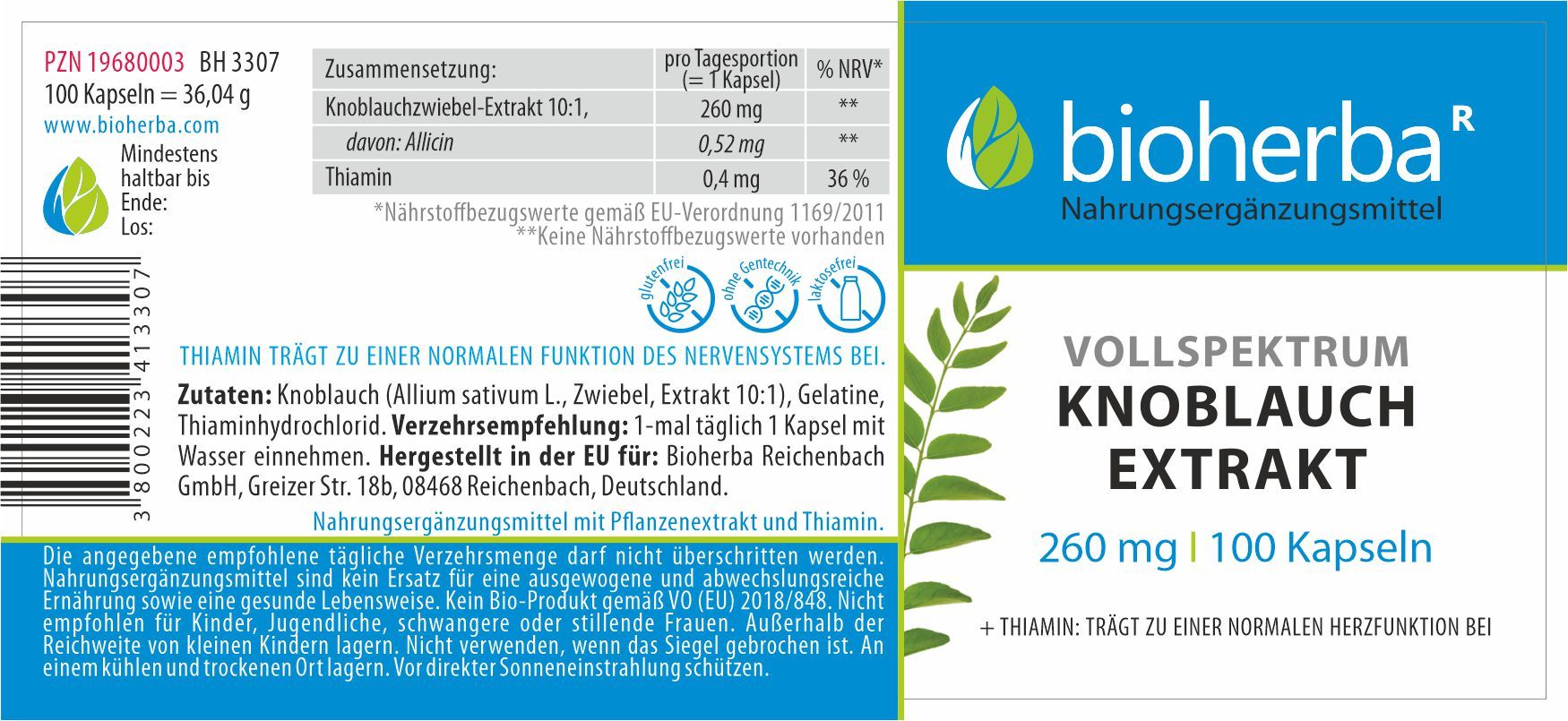 Etikett mit Produktinformationen. Vollspektrum Knoblauch Extrakt Kapseln, 260 mg, 100 Kapseln. Enthält Thiamin.