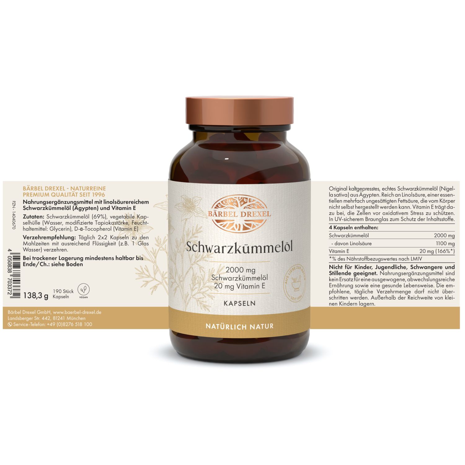 Braune Glasflasche mit Kapseln, Etikett mit Produktinformationen. Aufschrift: Bärbel Drexel Schwarzkümmelöl, 2000 mg, 20 mg Vitamin E. Kapseln.