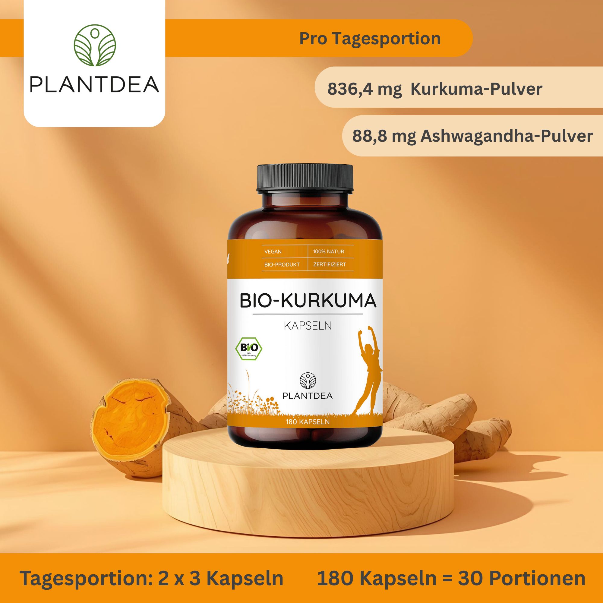 Braune Flasche "BIO-KURKUMA Kapseln" auf Podest. Daneben Kurkuma- und Ingwerwurzeln. Text: Tagesportion.