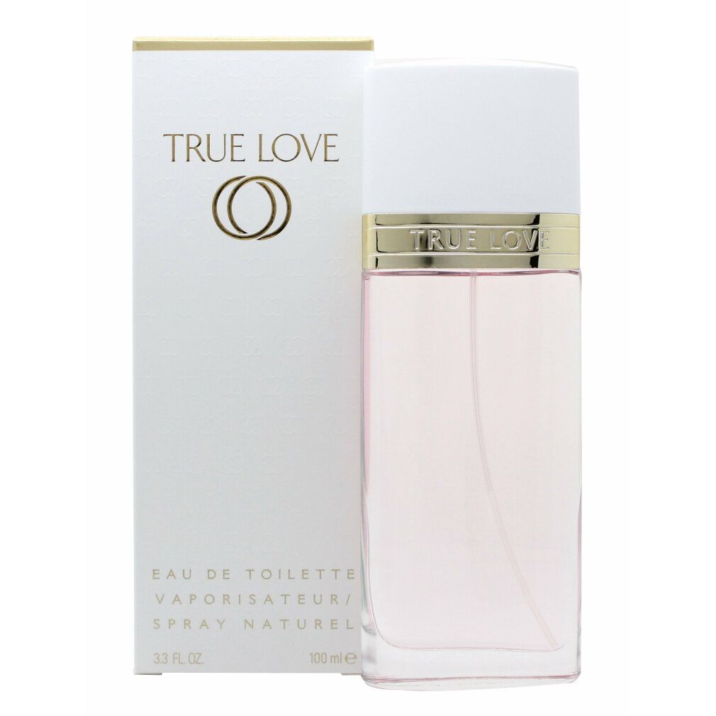 Eau de Toilette True Love von Elizabeth Arden. Rechteckiger Flakon mit weißem Deckel und goldfarbenem Ring. Weiße Verpackung mit Logo.