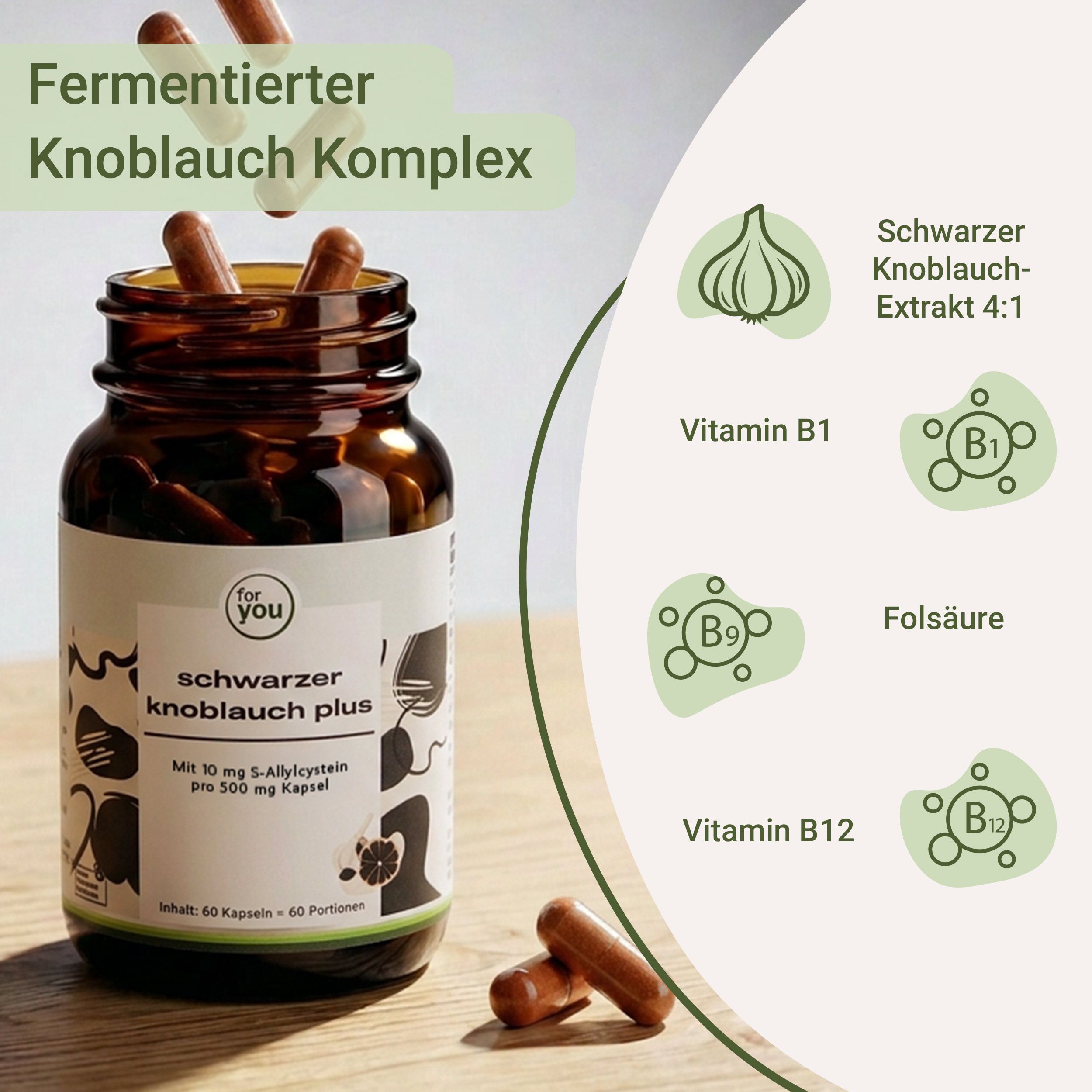 Flasche mit Kapseln und Icons für schwarzen Knoblauch, Vitamin B1, B9, B12 und Folsäure.