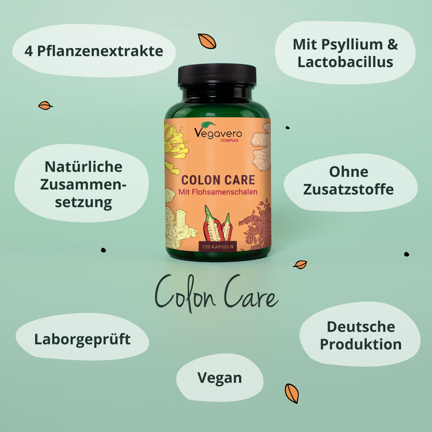 Braune Kapsel-Dose mit Text und Illustrationen. Aufschrift: Vegavaro, Colon Care. Zusätzliche Texte und Symbole.