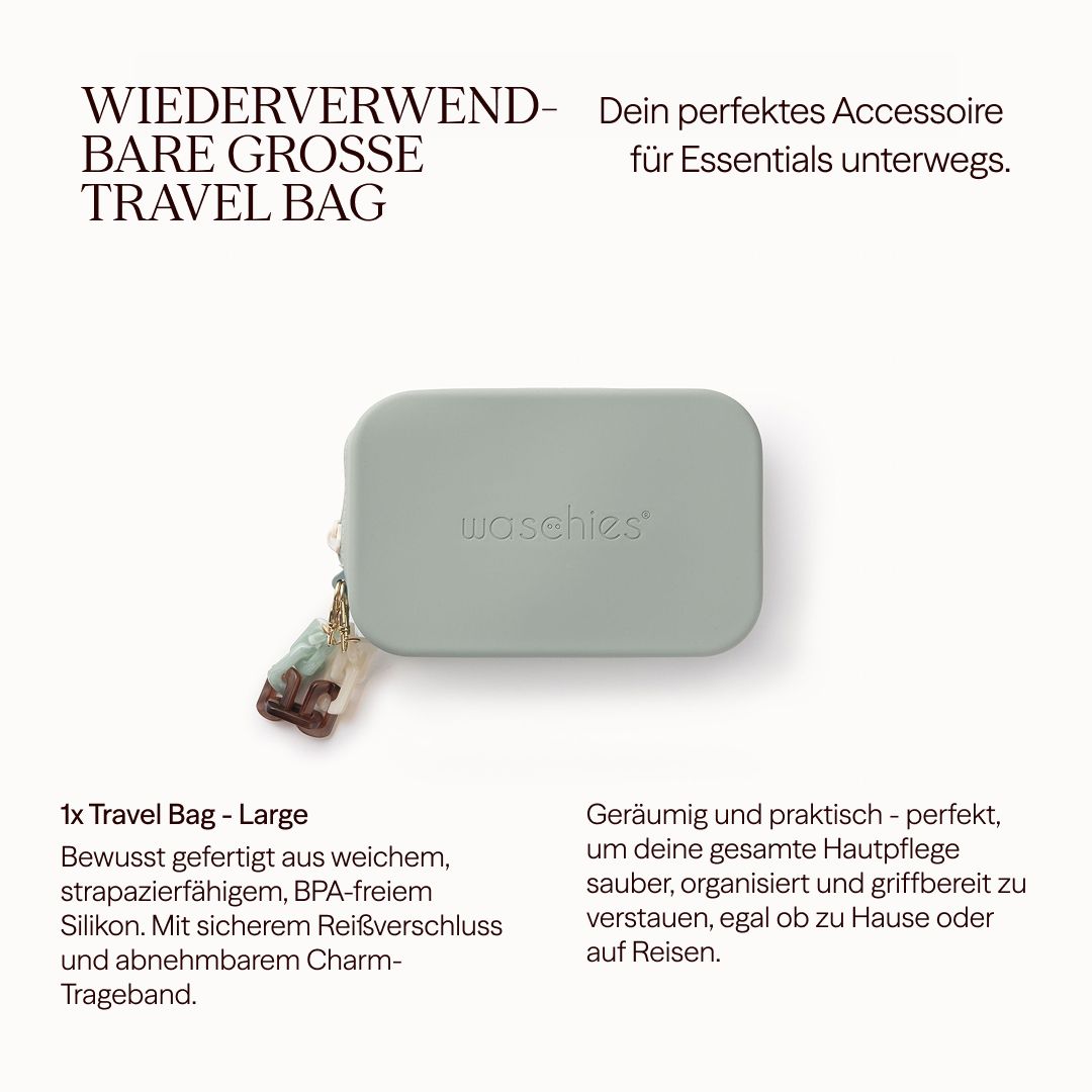 Hellgraue Travel Bag mit Reißverschluss und Charm. Text: Wiederverwendbare Travel Bag. Produktbeschreibung.
